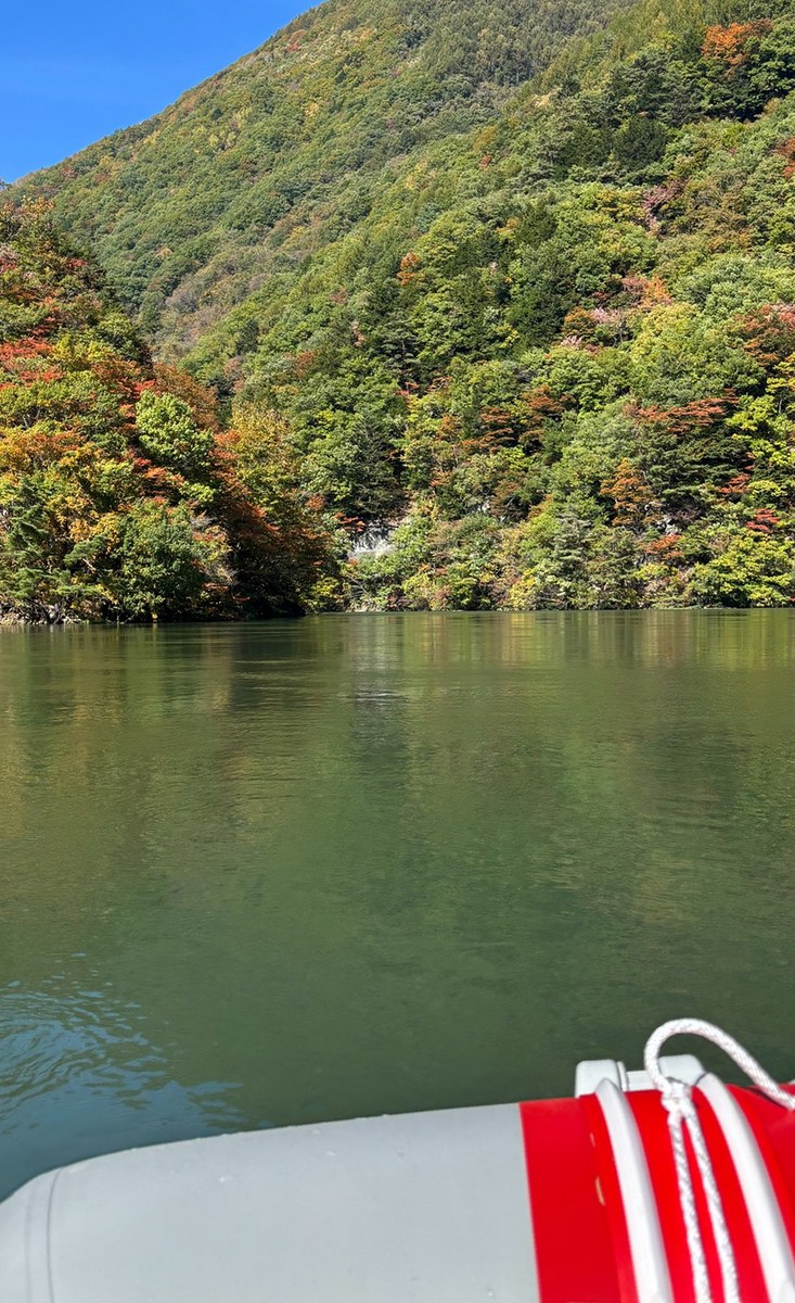 紅葉が始まった山間部ダム湖での船上からの風景
